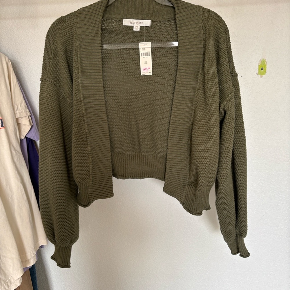 Anthropologie Olive Cropped Open-Front Knit Cardigan